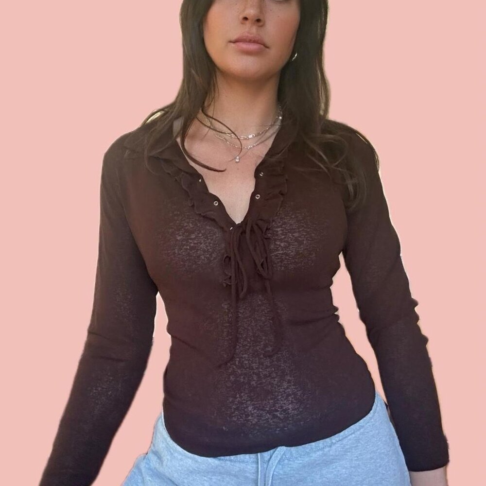 Vintage Y2K Chocolate Brown Ruffle Tie-Up Sheer Top - Made in Canada